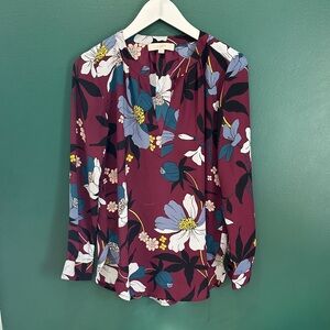LOFT Burgundy Floral Split-Neck Blouse with Blue and White Flowers
